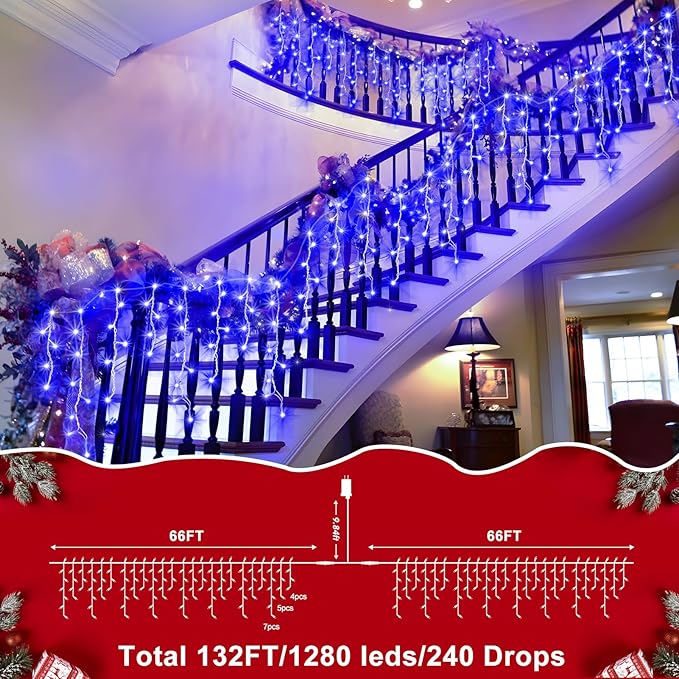 XURISEN 132ft Christmas Lights Decorations Outdoor 1280 LED 8 Modes Fairy Lights with 240 DropsPlug in Waterproof Timer Memory Function for Christmas Holiday Wedding Party Decorations(Blue)