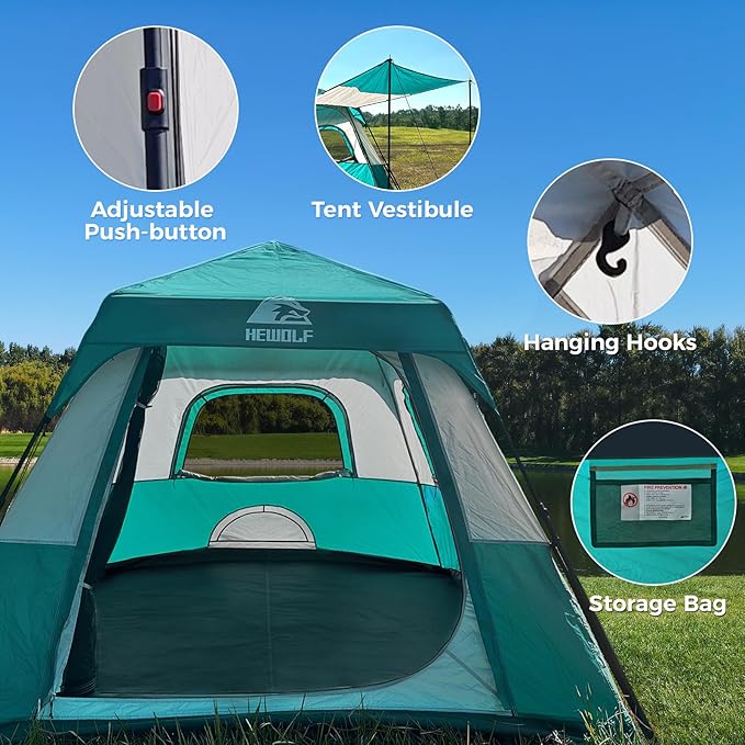 Hewolf Instant Tent for 4-6 Person Camping Waterproof Easy Pop Up Tent Sets Up in 60 Seconds for Family Outdoor Hiking &amp Backpacking with Carry Bag