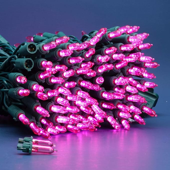 200 Count Pink LED Christmas Lights 66 ft Green Wire UL Certified Commercial Grade Holiday String Light Set (Pink)