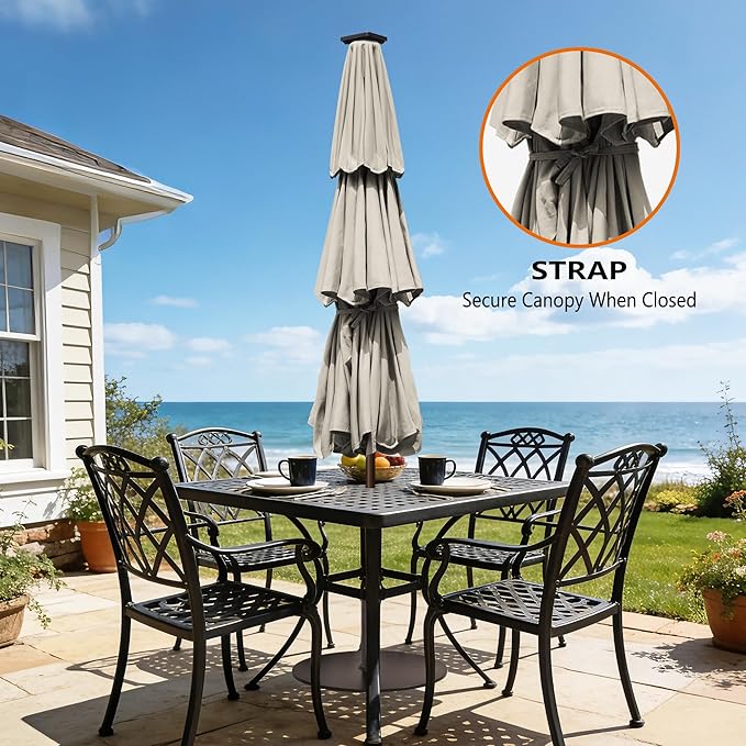EliteShade USA 10-Year-Non-Fading 10Ft 3 Layers Market Umbrella with 80 LED Lights Patio Umbrella Outdoor Table Umbrella with Ventilation(Beige)