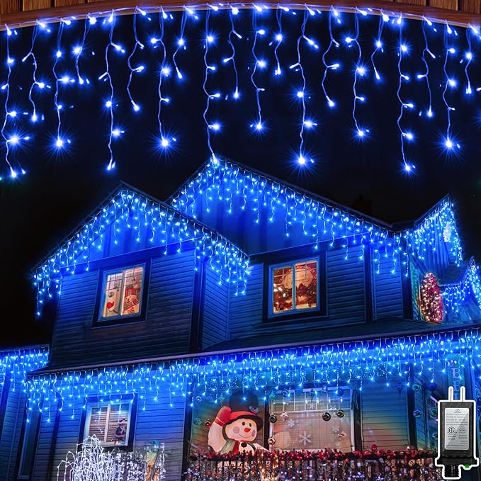 504LED 50ft Christmas Lights 112Drops 12 Modes Blue Christmas String Lights Outdoor Dimmable Waterproof Christmas Decoration Fairy Lights with Timer for Eaves Indoor Party Patio Window Fence Blue