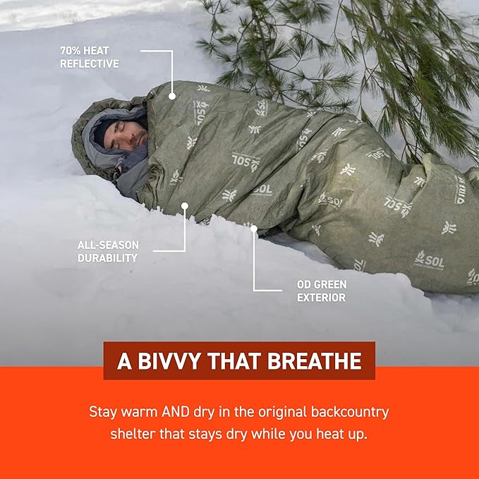 SOL Escape Bivvy with Hood - Emergency Preparedness Blanket - Reflects Up to 70% Body Heat - Outdoor Survival Bivvy - Water Resistant - Durable &amp Breathable - Winter Camping Supplies - Green