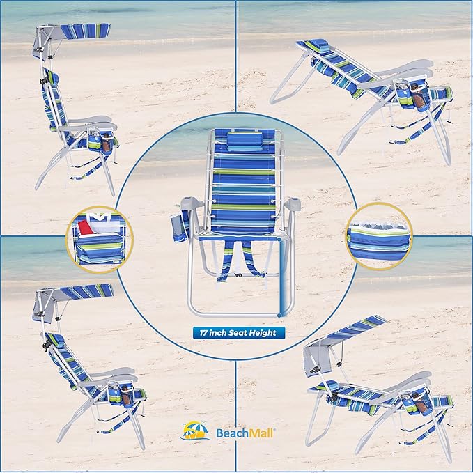 Ultimate Heavy Duty High Seat Aluminum Folding Backpack Beach Chair for Adults | Lay Flat 5 Reclining Positions | Removable Insulated Cooler Pouch &amp Canopy for UV Protection