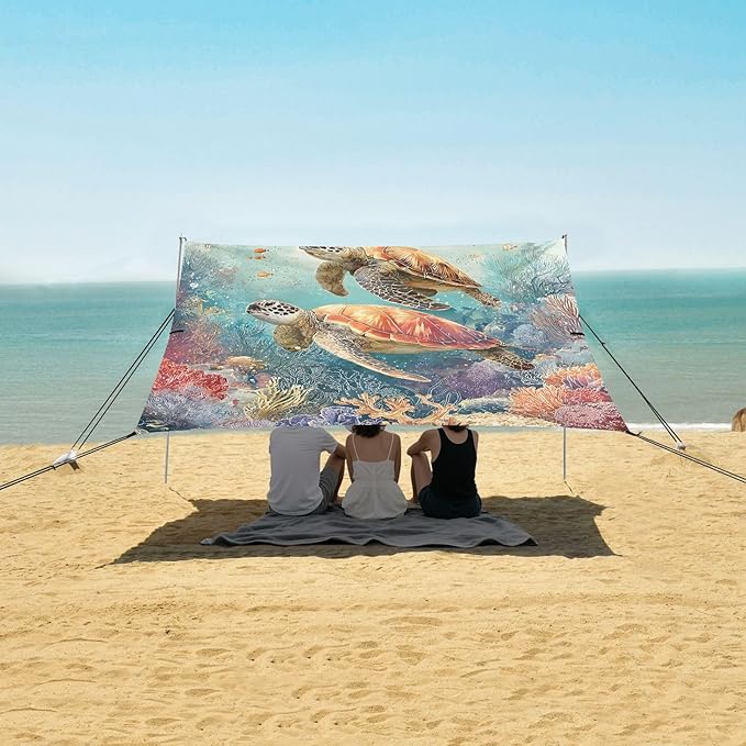 ALAZA Sea Turtles Coral Beach Tent Sun Shelter UPF50+ Protection Beach Shade Canopy w/ 4 Sandbags for Outdoor Camping Fishing Backyard Fun Picnic 10x9 ft