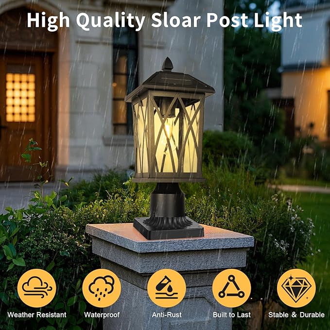Treekee Solar Outdoor Post Light Black Rustic Outside Pillar Lantern with Clear Glass Waterproof LED Solar Powered Lamp for Patio Garden Pathway Porch Garage Fence (Bulb Included)