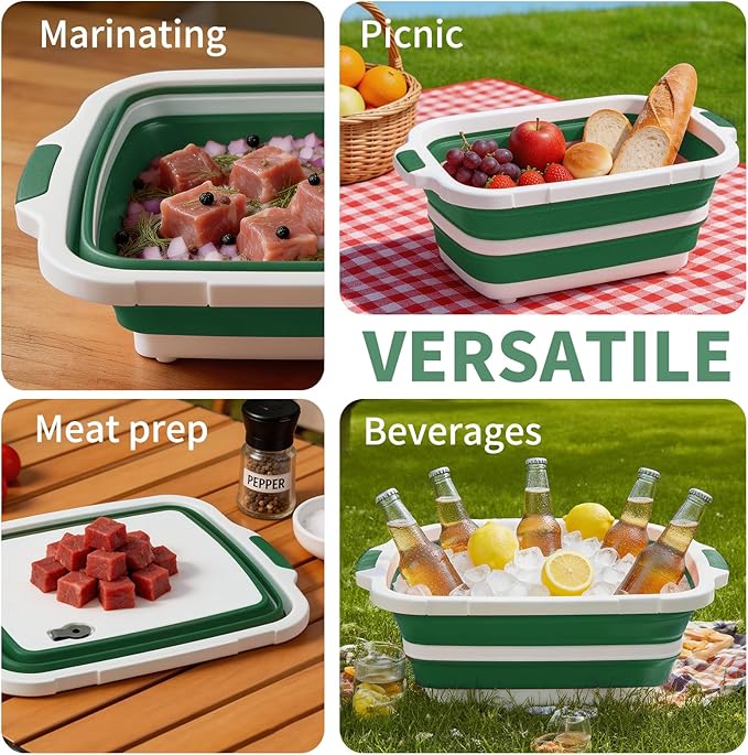 Collapsible BBQ Prep Tub for Meal Prep MarinatingFood Storage picnics camping barbecuescutting fruits and vegetables - Includes Cutting Board and Locking Lid(X-Large) Green