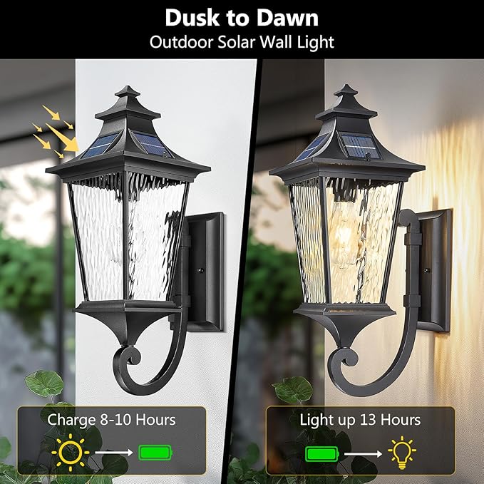 Emliviar Solar Wall Lantern Outdoor Waterproof Outdoor Sconce Light Dusk to Dawn LED Exterior Wall Lighting with Water Ripple Glass Black Finish 500181-SL SW BK