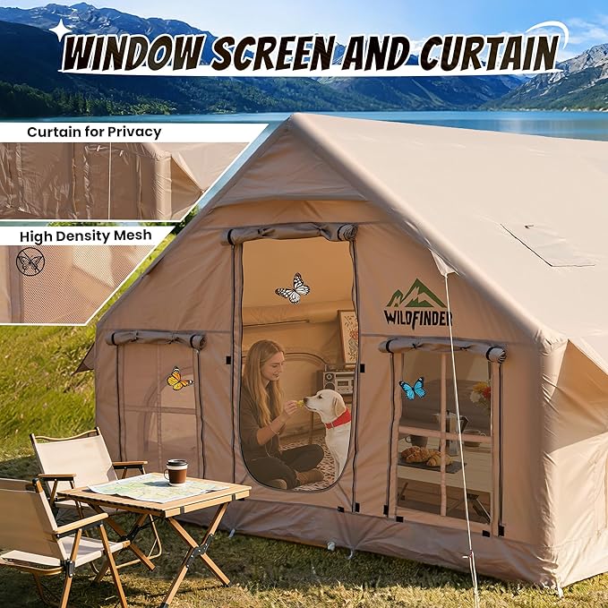 Inflatable Tent with Skylight Quick Setup Blow Up Tents with Pump Hot Tent with Stove Jack Waterproof Oxford Inflatable House for Camping Air Glamping Tents for Camping Adult 4-6 Person