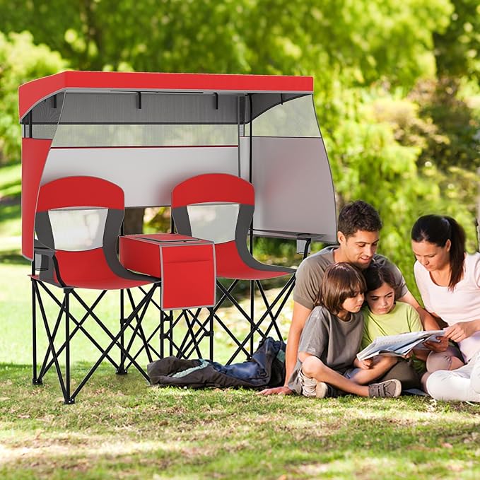 S AFSTAR Camping Chair with Canopy 2-Person Folding Beach Chair with Cup Holders 3-Side Shading Curtains &amp Cooler Bag Foldable Loveseat Lawn Chair for Camping Outdoor &amp Fishing (Red)