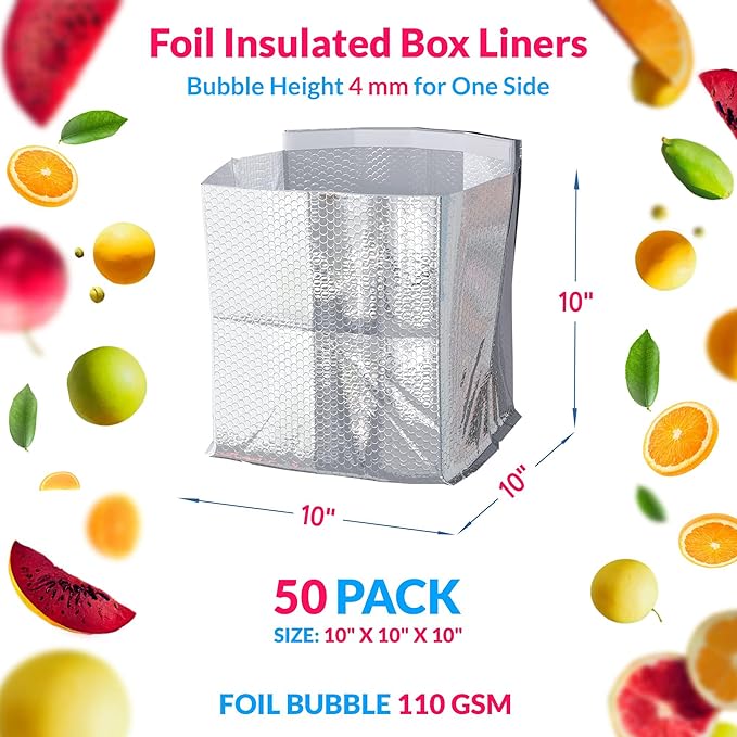 ABC PACK &amp SUPPLY 50 Pack Silver Foil Insulated Box Liners 10 x 10 x 10 inches. Shipping Boxes for Frozen Food Odorless Insulated Containers. Bulk of Leakproof Cold Boxes for Frozen Fish Meat
