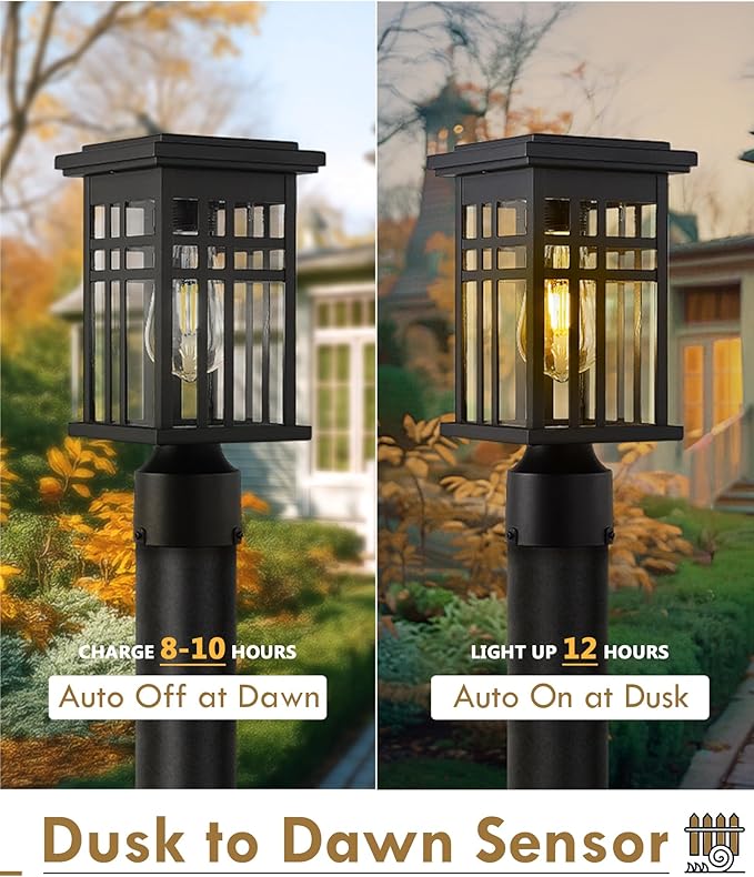 Dusk to Dawn Solar Outdoor Post Light HWH 2 Pack Solar Post Lights for Yard Garden Patio Pole Lamps Post with Remote Clear Glass Shade 5HD36P-2 SL BK