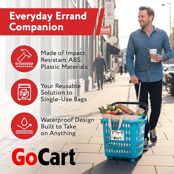 dbest products Bigger GoCart Grocery Cart Rolling Shopping Laundry Basket on Wheels Hamper with Telescopic Handle Cleaning Caddy Trolley Teal Bigger 1 pack