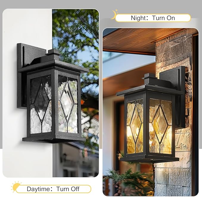 Emliviar Farmhouse Outdoor Porch Light 1-Light Patio Wall Fixture With Water Grain Glass Shade Black Finish 1803EW1-SD BK