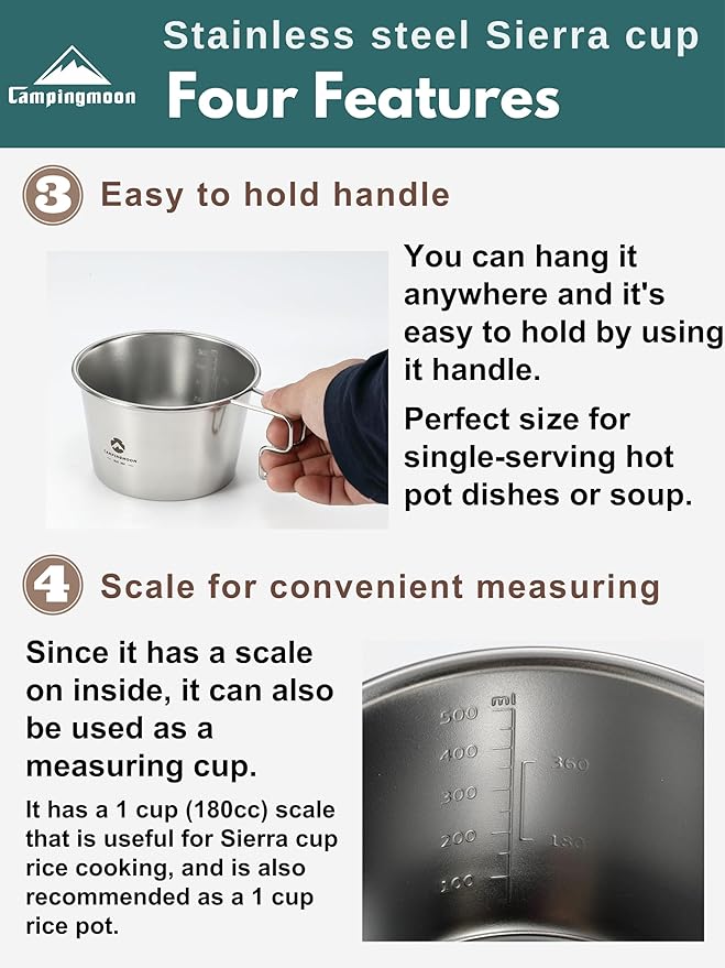 CAMPINGMOON 600ml (20oz) Stainless Steel Camping Mug Lightweight Outdoor Cooking Cup for Backpacking Hiking and Campfire Use (Silver (cup+lid))