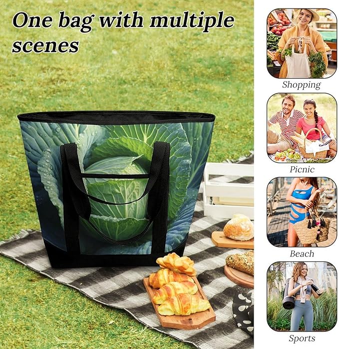 Insulated Shopping BagLarge Reusable Cooler Bags Bright Cabbage Printed Foldable Shopping BagTravel Waterproof Shoulder Bag