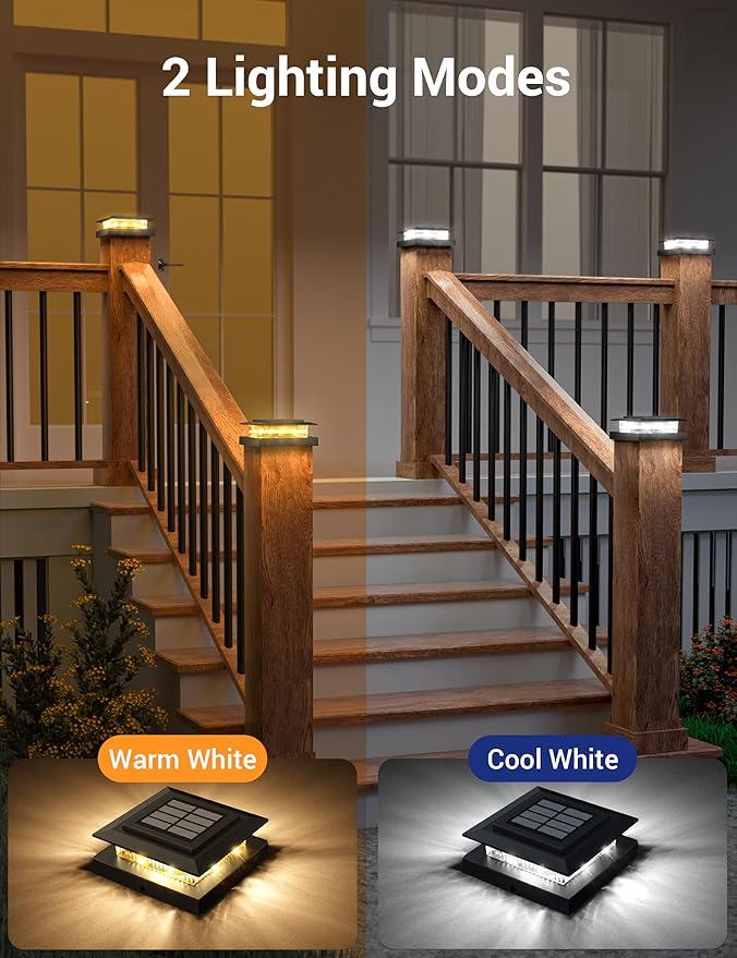 APONUO Solar Post Cap Lights for 4x4 Fence Posts IP64 Waterproof Outdoor LED Deck Lights with 2 Modes (Warm White &amp Cool White) Auto On/Off Dusk to Dawn Easy Install Black 16 Pack