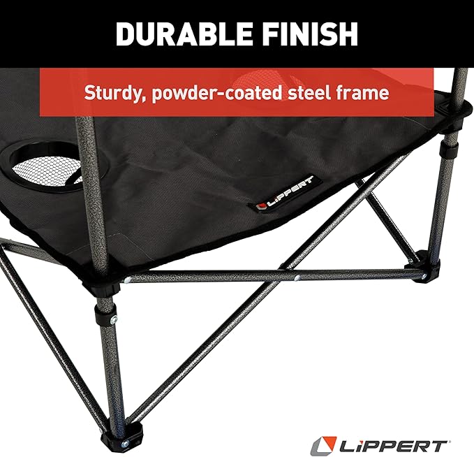 Lippert Dark Grey Two-Tier Folding Camping Table with Dual Cupholders 600D Polyester Fabric Powder-Coated Steel Frame Foldable Design Lightweight Construction Zippered Carry Bag - 2023053720