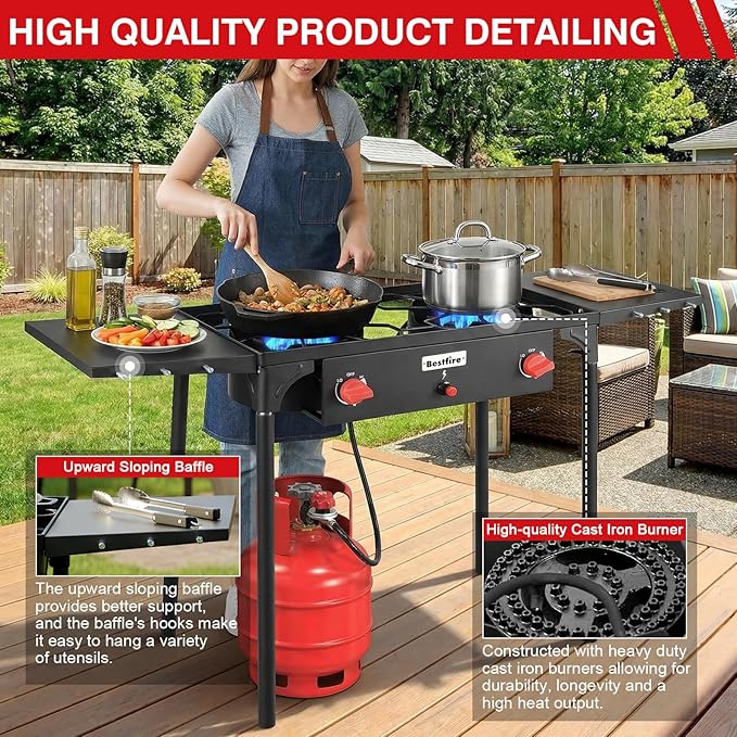 Bestfire 2 burner Camping Stove with Auto Ignition ButtonSide Shelves &amp Regulator150000 BTU High Pressure Gas Stove Propane Burner With Removable Legs for Outdoor BBQ&ampBackyard Cooking Campin