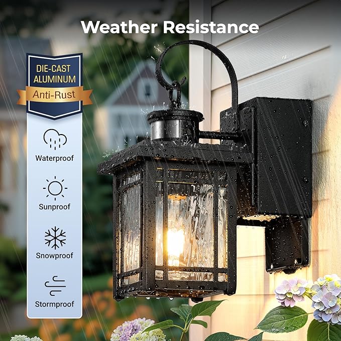 Outdoor Porch Light with GFCI Outlet Motion Sensor Outdoor Light Fixtures Wall Mount Black Exterior Wall Sconce Lantern with Ripple Glass Anti-Rust Coach Lights for Garage Patio Front Door