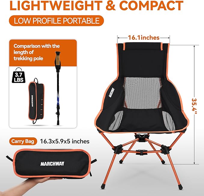 MARCHWAY Lightweight Folding High Back Camping Chair with Head Support Stable Portable Compact for Outdoor Camp Travel Beach Picnic Festival Hiking Backpacking (Highback Orange)