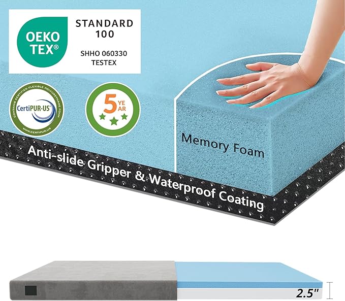 EGOHOME Memory Foam Camping Mattress 2.5 inch Portable Roll Up Camping Sleep Topper with Waterproof and Non-Slip Bottom Camping Car Mat with Travel Bag Grey