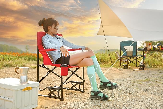 Outdoor Freestyle Rocker Camping Chair Portable Folding Rocking Chair with Solid Armrests Drink Holder Comfortable Backrest Red