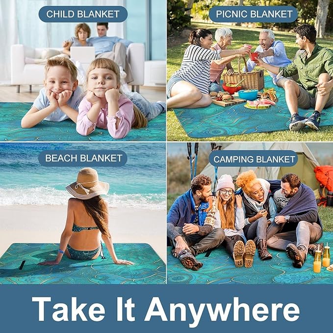 Turquoise Pattern Beach BlanketPortable Waterproof Picnic Blanket58.3''x 58.3'' Extra Large Picnic Mat for BeachCamping Grass Lawn Park Accessorie for Festival BBQ