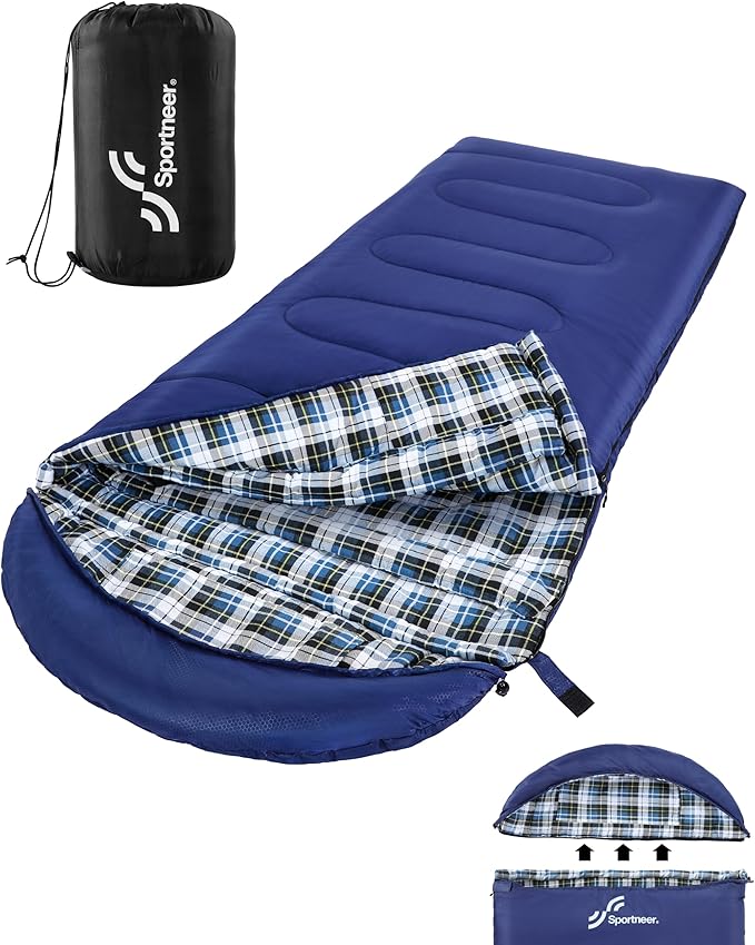 Sportneer 0 Degree Sleeping Bag for Cold Weather XL Winter Sleeping Bag for Adults Flannel Lined Camping Sleeping Bag 32°F–59°F Rated 87 x 33.5 4.4 lbs Detachable Hood Compression Sack