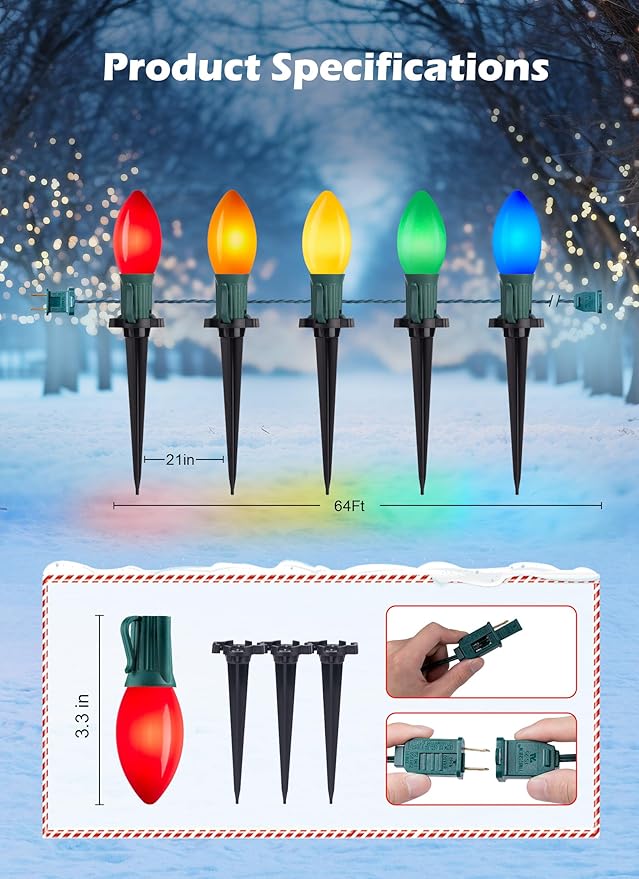 Brightown Frosted C9 LED Christmas Lights Outdoor 2 Packs Total 64Ft Pathway Lights with 50 LED Bulbs and Stakes Multicolor Christmas Decorations for Outside Driveway Walkway Sidewalk