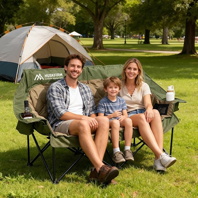 Double Camping Chair Oversized Padded Camping Chairs for Adults Folding Loveseat with Cup Holders and Side Pockets Heavy Duty Outdoor Lawn Chairs for CampingSports FishingBeachGreen