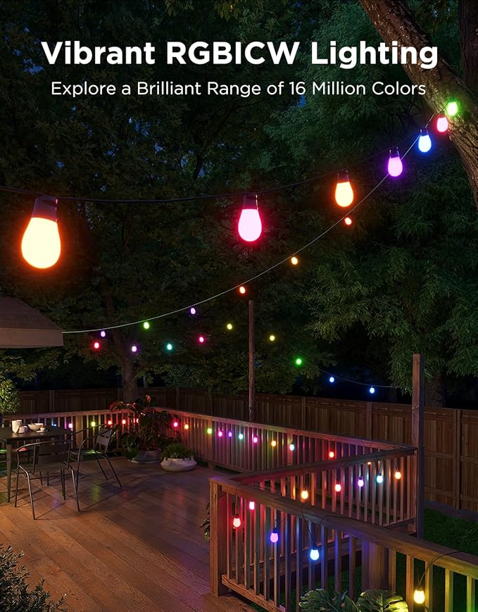 Govee S14 Bulb Outdoor String Lights 2 48ft Smart RGBIC Warm White Patio Lights with 15 LED Bulbs 111 Scene Modes for Outdoor Decor Upgraded IP66 Compatible with Alexa Google Matter APP Control