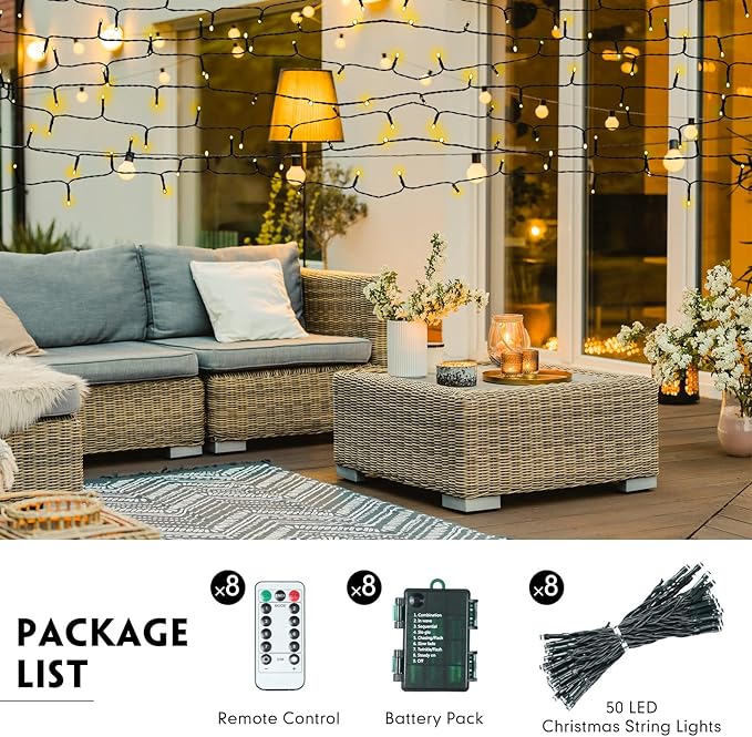 Tuanse 8 Pack Battery Operated Outdoor Christmas Tree String Lights16.4 ft Mini Light Outdoor Christmas Lights with 50 Led of Dark Green Cable Lighting for Bedroom Garden Yard (Warm Light)