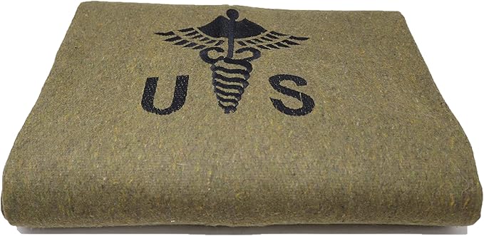 M MCGUIRE GEAR Military Style Wool Camping Survival and First Aid Blanket 64 x 90 Embroidered Caduceus Logo Olive Drab