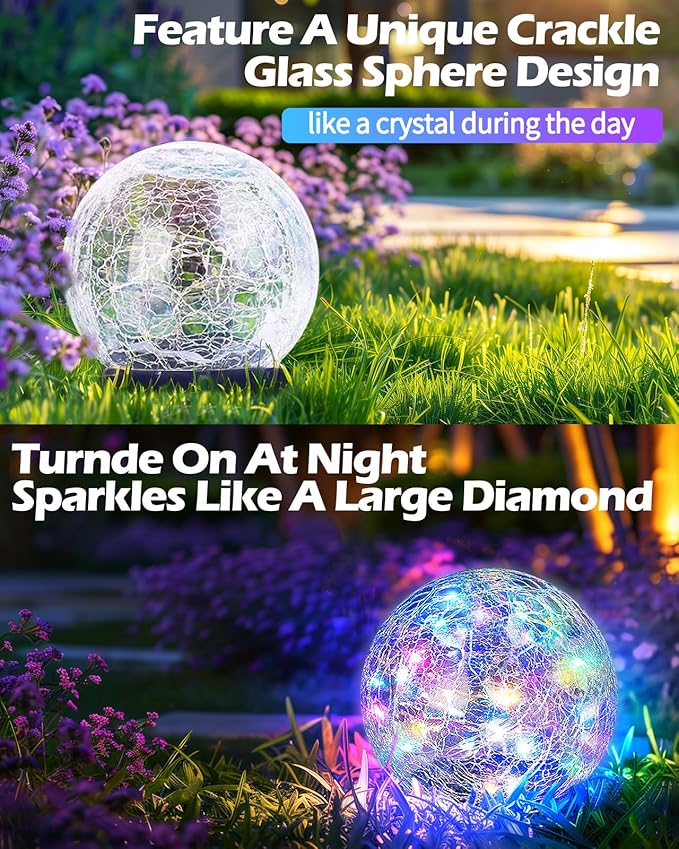 Coroor Garden Solar Ball Lights Outdoor Waterproof 50 LED Cracked Glass Globe Solar Power Ground Lights for Path Yard Patio Lawn Outdoor Decoration Landscape Colorful(2 Pack 4.7'')