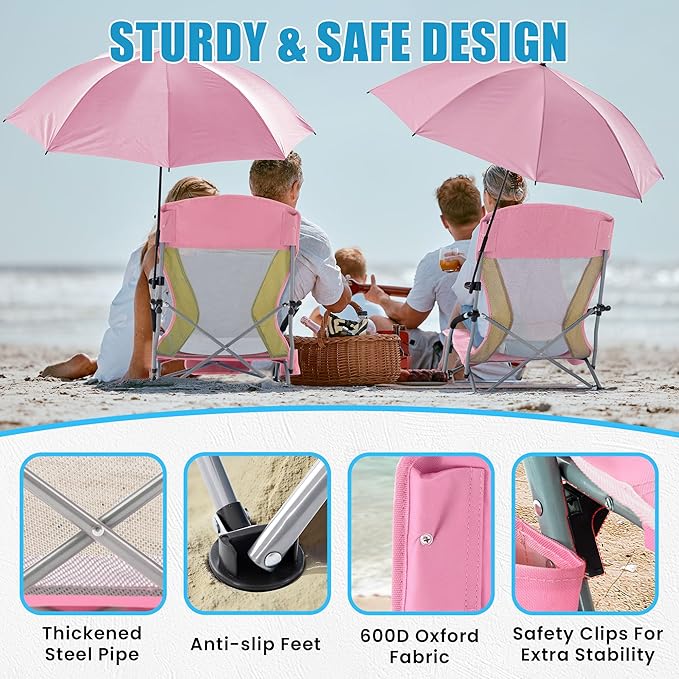 Lamberia Folding Beach Chair with Umbrella for Adults Portable Low Beach Chairs with 300lbs Capacity Lightweight Fodable Camping Chair for Travel Picnic Concert &amp Outdoor Activities Pink-Yell