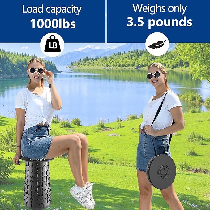 Upgraded XXL Taller 19.7 Wider 11.8 Collapsible Stool with CushionAdjustable Seat with Load Capacity 1000lbs More Taller&ampWider Portable Retractable Stool for Adults Camping Fishing Hiking BBQ