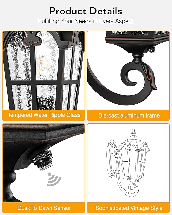 VIANIS 2 Pack Outside Lights for House Dusk to Dawn Black Exterior Light Fixture Wall Mount Anti-Rust Modern Outdoor Sconce Lantern with Rippled Glass for Front Porch Garage Hardwired Non-Solar
