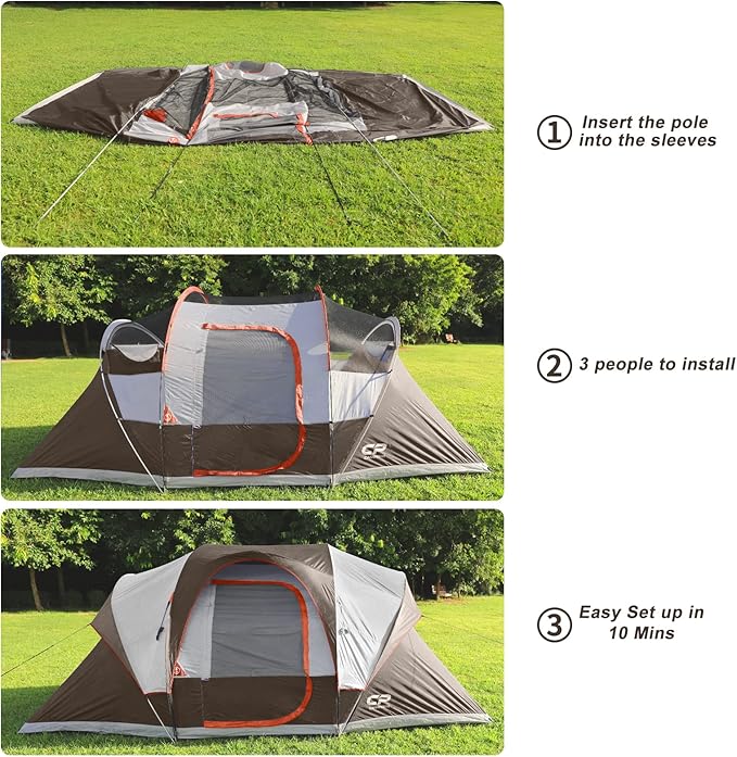 CAMPROS CP Camping Tent 10 Person Family Cabin Tent 2 Room Water Resistant Waterproof Tent with Top Rainfly 4 Large Mesh Windows Double Layer Easy Set Up Portable with Carry Bag 16ft x 9ft x72in