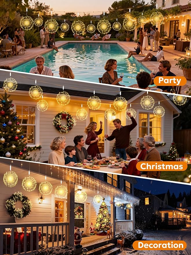 FOOING 8 Pack Firework Lights LED Hanging Christmas Lights 8 Modes USB Rechargeable Battery Operated Fairy Light with Remote Twinkle Star String Lights for Party Christmas Decoration Outdoor Indoor