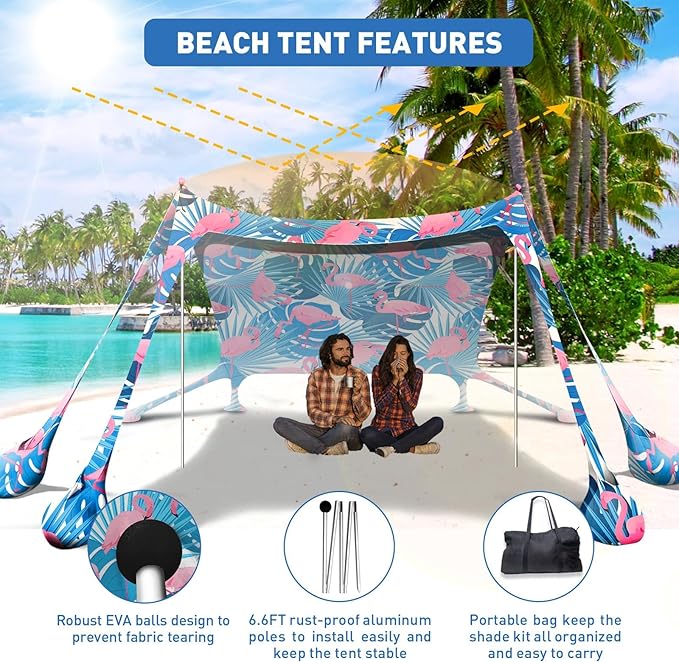 Beach Tent Sun Shelter 10x10ft Beach Canopy Easy Pop Up Sun Shade Portable UPF50+ with 8 Sandbags-2 Sand Shovel-4 Aluminum Poles-Ground Pegs for Outdoor Family Camping Fishing Backyard Picnic
