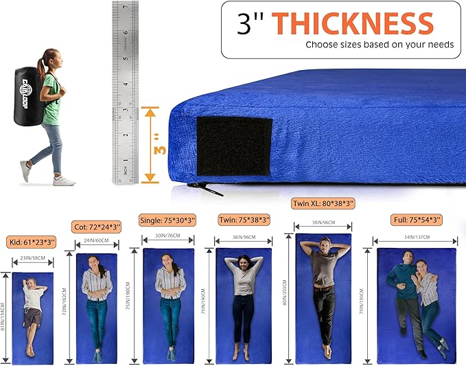 3 Inch Memory Foam Camping Mattress Dual Layer Thick Sleeping Camp Pad for Car Tent Cot Roll-Up Portable Glamping Floor Bed for Guests Sleepover