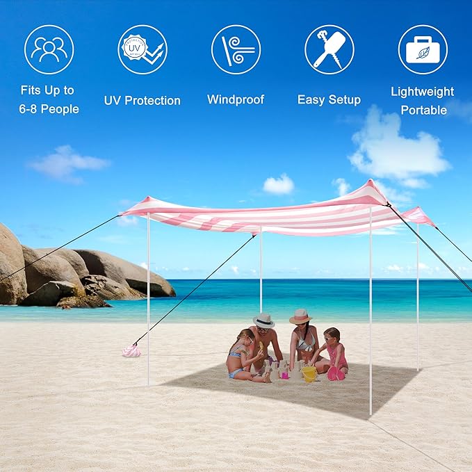 Beach Tent Canopy UPF 50+ UV Protection Beach Sun Shade Portable 10×10 FT Large Pop-Up Tent Sun Shelter with Sand Anchors Ground Pegs Easy Setup for Camping Park and Backyard Fun-Pink Stripe