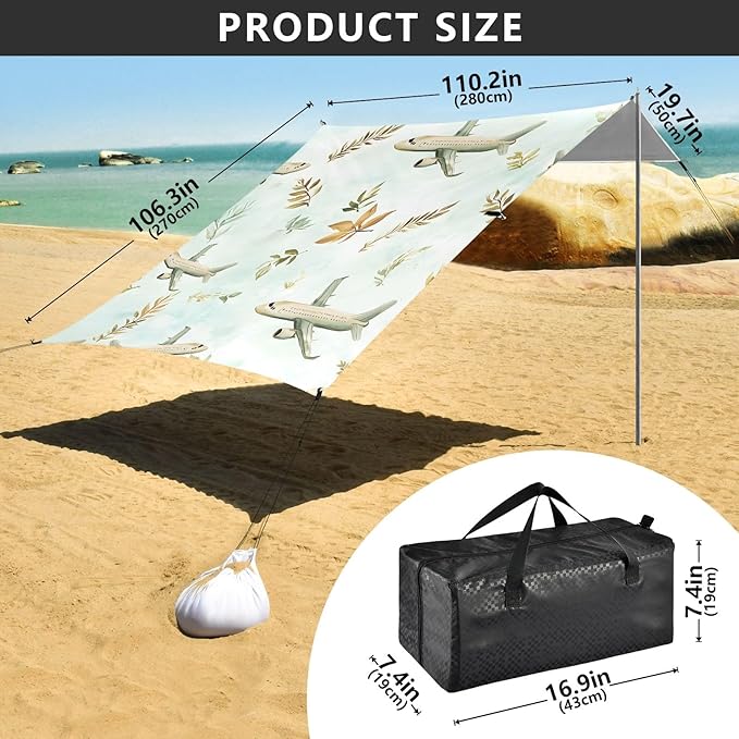 Aircraft Leaf Pattern Camping Sun Shelter Beach Tent Portable Beach Sun Shade Outdoor Canopy for Camping Trips Fishing Picnic