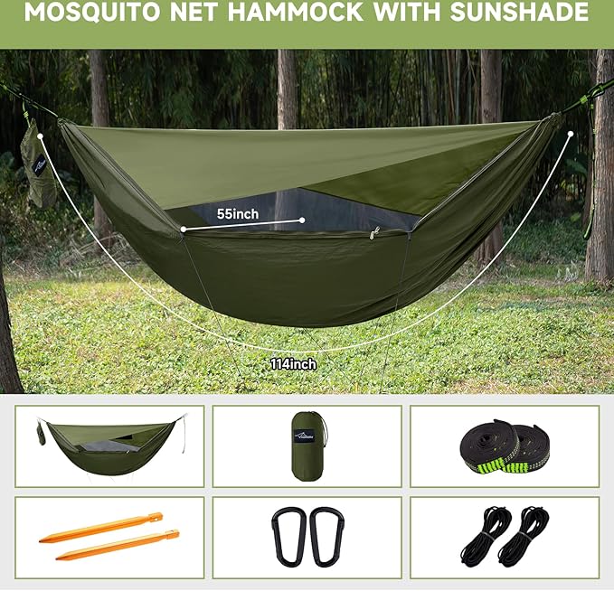 Camping Hammock with Mosquito Net and Sunshade Backpacking Hammock with Ridge Rope Tree Straps Lightweight Portable Hammocks for Outside Hiking and Travel
