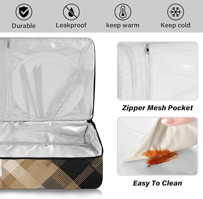 Casserole Carrier Pattern Black Brown Tartan Plaid Insulated Casserole Carrier for Hot or Cold Food Thermal Lunch Tote for Parties Picnic Travel Carry Bag