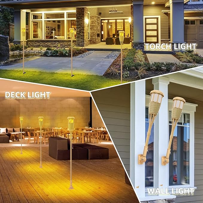 Upgraded Flickering Flames Solar Powered Lights - Solar Torches Waterproof Outdoor Decorative Lighting Handmade Bamboo Finish 2-Pack