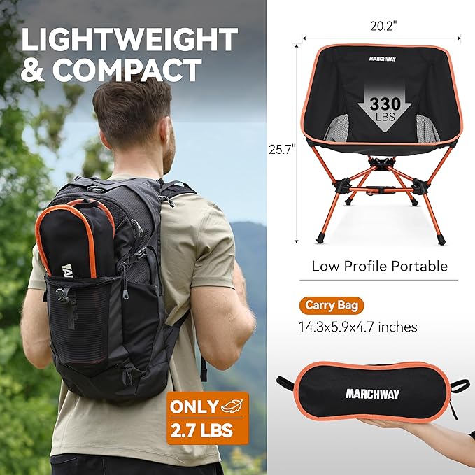 MARCHWAY Lightweight Folding Camping Chair with Spring Lock Stable Compact Portable for Outdoor Camp Travel Beach Picnic Festival Hiking Backpacking (Lowback Orange)