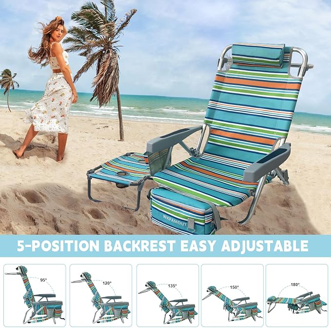 Backpack Beach Chair Aluminum with Folding Camping Table 5-Position Lay Flat Lounge Chair Outdoor for Adults with Insulated Cooler Bag and Cup Holder