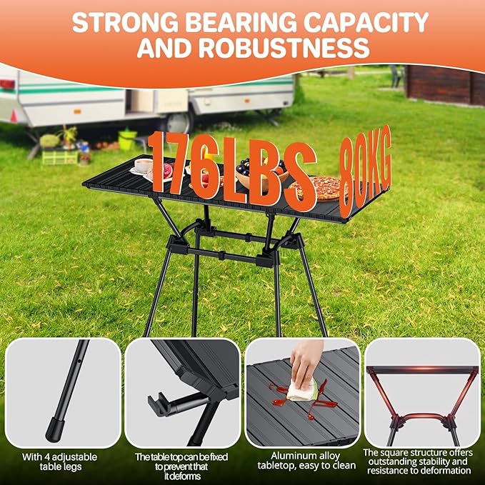 FUNYKICH 3ft Aluminum Roll Up Camping Table(L35''xW16'') 4 Height Adjustable Ultralight Folding Camp Table Up to 28'' Portable Tables with Carry Bag for Camping Picnic BBQ Party Backyard Beach
