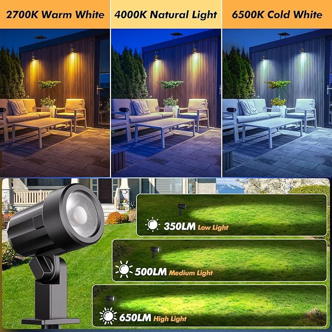 MEIKEE 6 in 1 Solar Spotlights Outdoor 6W/6V Solar Powered Landscape Lights IP66 Waterproof Auto On/Off Landscape Spotlights with 3 Colors 56ft Cord for Garden Path Yard Patio Light